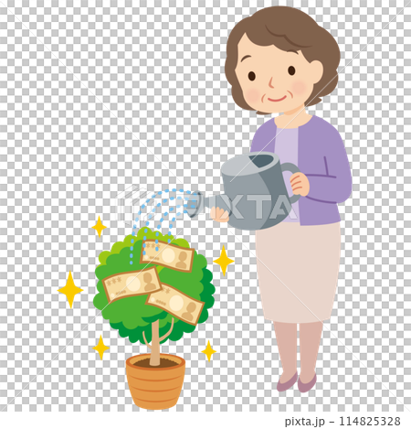 Middle-aged woman watering a money tree, asset management, retirement funds 114825328