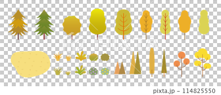 紅葉した木と植物のシンプルなイラストアイコンコレクション　白い背景に分離されたフラットなベクター素材 114825550
