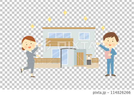 A man and woman from a real estate agency recommending a two-story house 114826266
