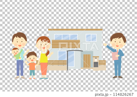 二階建て住居を4人家族に勧める不動産会社の男性 114826267