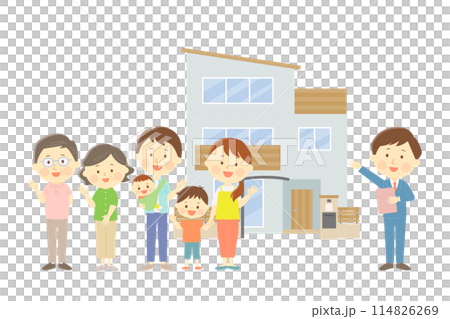 房地產公司的一位男士向一個兩口之家推薦一套獨立屋。 114826269