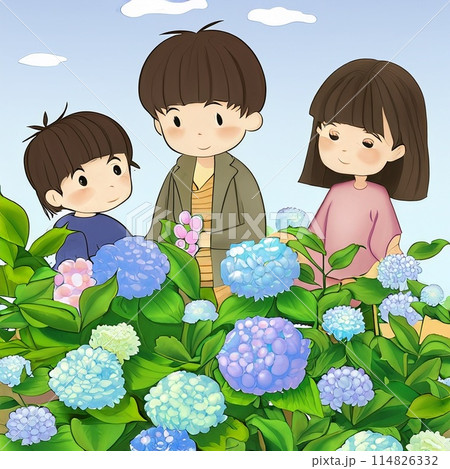 紫陽花を見る親子 紫陽花を見る親子 114826332