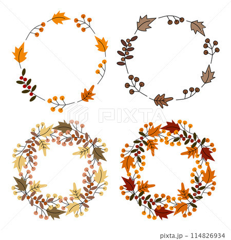 Autumn wreaths of leaves, berries and twigs in trendy shades Copy space Set of 4 Greetings Template Autumn wreaths of leaves, berries and twigs in trendy shades Copy space Set of 4 Greetings Template 114826934