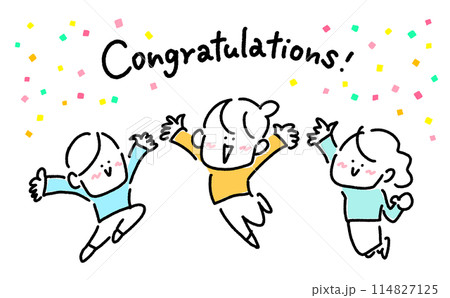バンザイして笑顔でお祝いする人々　紙吹雪　congratulations 英語　おめでとう 114827125