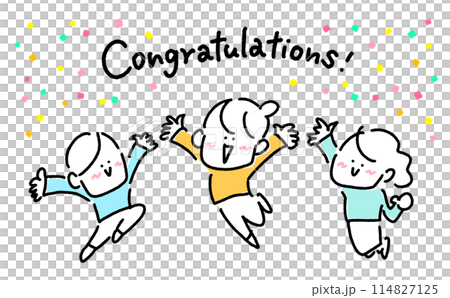バンザイして笑顔でお祝いする人々　紙吹雪　congratulations 英語　おめでとう 114827125