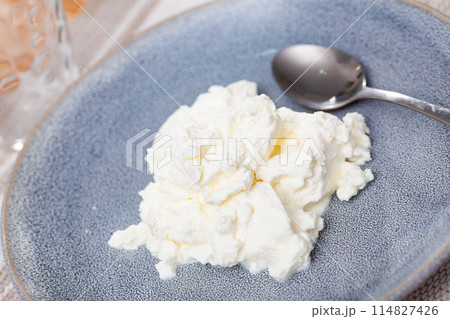 Fresh cottage cheese on plate Fresh cottage cheese on plate 114827426