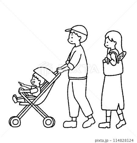 買い物から帰る親子連れのイラスト モノクロ 買い物から帰る親子連れのイラスト モノクロ 114828124