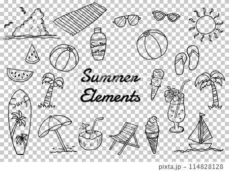 夏、海水浴、夏休みイメージセット(手描き)モノクロ 夏、海水浴、夏休みイメージセット(手描き)モノクロ 114828128