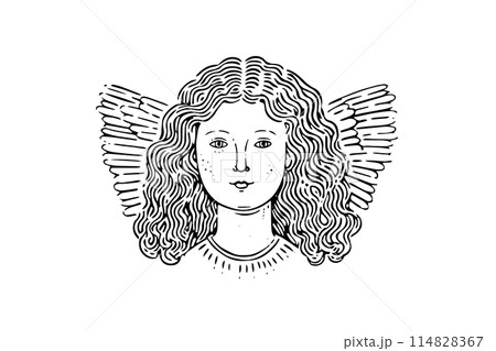 Vintage Angelic Cherub: Engraved Sketch Illustration of a Cherubic Figure, Symbolizing Innocence and Divine Love. Vintage Angelic Cherub: Engraved Sketch Illustration of a Cherubic Figure, Symbolizing Innocence and Divine Love. 114828367