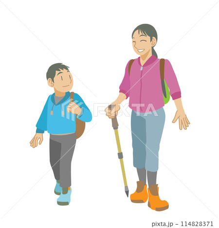 ハイキングを楽しむ母と子のイラスト 114828371