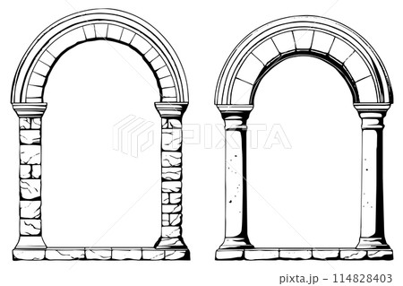 Greek column, architecture arch, roman pillar, doorway, archway vector sketch set. 114828403