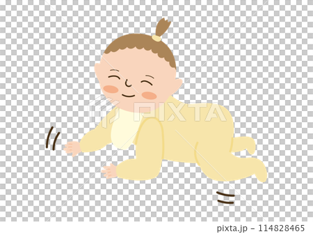 笑顔でハイハイする赤ちゃん、口をつむった笑顔 114828465