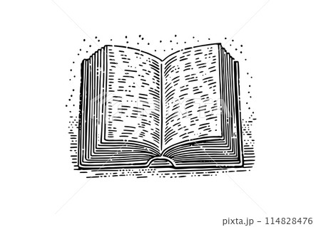 Vintage Open Book: Engraved Sketch Illustration of an Antique Bible or Notebook, Symbolizing Education and Knowledge. Vintage Open Book: Engraved Sketch Illustration of an Antique Bible or Notebook, Symbolizing Education and Knowledge. 114828476