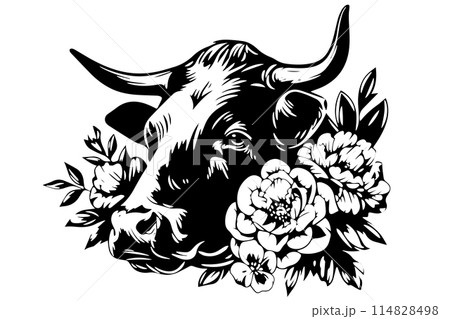 Vintage Cow Head with Flowers Logo: Hand-drawn Vector Illustration of Dairy Majesty. Vintage Cow Head with Flowers Logo: Hand-drawn Vector Illustration of Dairy Majesty. 114828498