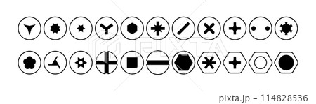 Set of metal screw heads. Stainless steel bolts. Silver nails and rivets. Top view. Vector illustration in flat style. Different hardware elements. Mechanic workshop icons Set of metal screw heads. Stainless steel bolts. Silver nails and rivets. Top view. Vector illustration in flat style. Different hardware elements. Mechanic workshop icons 114828536
