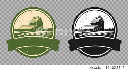Farm logo illustration, emblem with farmhouse design hand drawn sketch. Vector illustration. 114828545