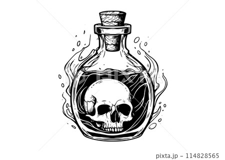 Magic bottle with death potion or poison hand drawn ink sketch. Engraved style vector illustration. Magic bottle with death potion or poison hand drawn ink sketch. Engraved style vector illustration. 114828565
