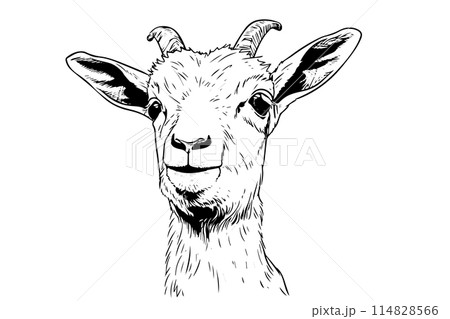 Cute baby goat head hand drawn ink sketch. Engraved style vector logotype. 114828566