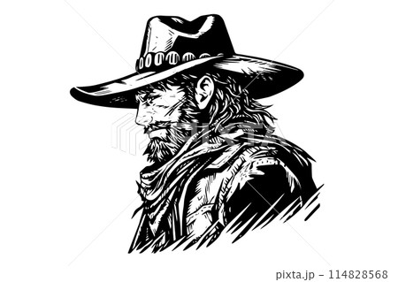 Cowboy sheriff bust or head on hat in engraving style. Hand drawn ink sketch. Vector illustration. 114828568