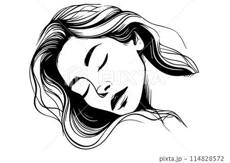 Sleeping girl portrait hand drawn ink sketch. Engraved style retro vector logotype. Sleeping girl portrait hand drawn ink sketch. Engraved style retro vector logotype. 114828572
