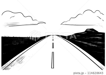 Simple road hand drawn ink sketch highway landscape. Engraved style vector illustration. Simple road hand drawn ink sketch highway landscape. Engraved style vector illustration. 114828643