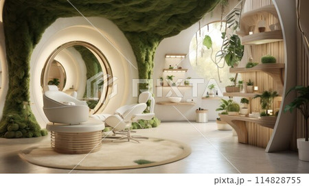 Interior of luxury spa salon in eco style, treatment area decorated with live green moss and plants. 114828755