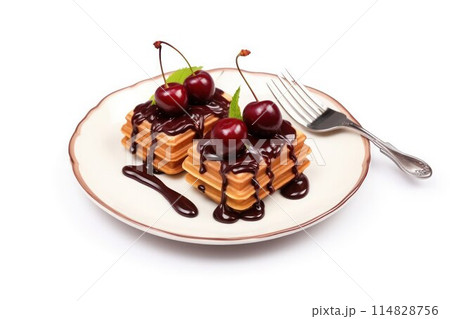 Two delicious Viennese waffles topping with ripe cherry and mint leaves and a fork on white plate, isolated on white. 114828756