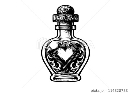 Magic bottle with love potion hand drawn ink sketch. Engraved style vector illustration. 114828788