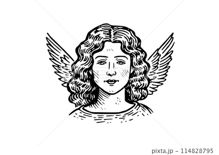 Vintage Angel Vector Illustration: Antique Sketch of a Flying Statue. Etching woman. Vintage Angel Vector Illustration: Antique Sketch of a Flying Statue. Etching woman. 114828795