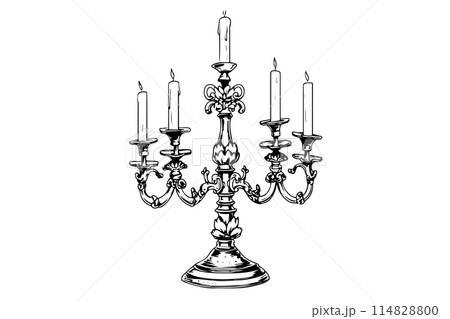 Black candlestick engraved in retro style on white background. Hand drawn doodle sketch style. Vintage vector illustration. 114828800