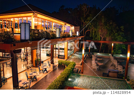 View of resort in Panwa beach at sunset, in Phuket, Thailand 114828954