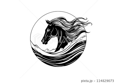 Black horse head logotype. Engraved style hand drawn ink sketch. 114829073
