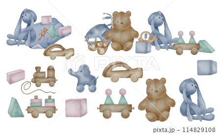 Set of assorted baby wooden and soft toys in neutral colors isolated on white. Car toy, blocks hand drawn. Illustration of teddy bear in pastel colors. Elements for print, decoration for newborn room 114829108