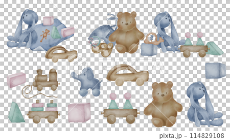 Set of assorted baby wooden and soft toys in neutral colors isolated on white. Car toy, blocks hand drawn. Illustration of teddy bear in pastel colors. Elements for print, decoration for newborn room 114829108