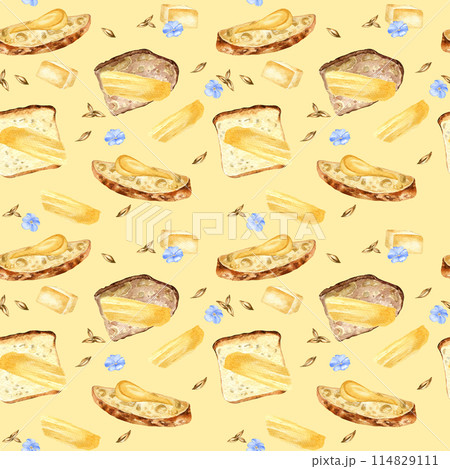 Assorted slices of bread and butter in watercolor seamless pattern isolated on neutral background. Sliced mixed bread spread butter hand drawn in sketch for package, wrapping paper, bakery 114829111