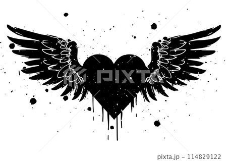 Love's Flight: Grungy Angel Wings and Heart Vector Illustration. Tattoo Design. 114829122