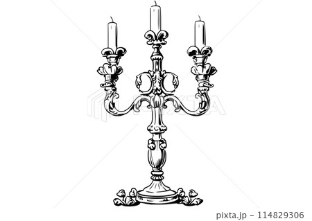 Black candlestick engraved in retro style on white background. Hand drawn doodle sketch style. Vintage vector illustration. 114829306