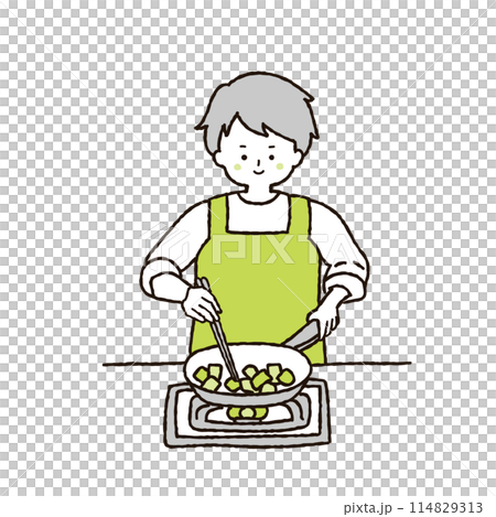 一個男人在煎鍋裡煎炸配料的插圖 114829313