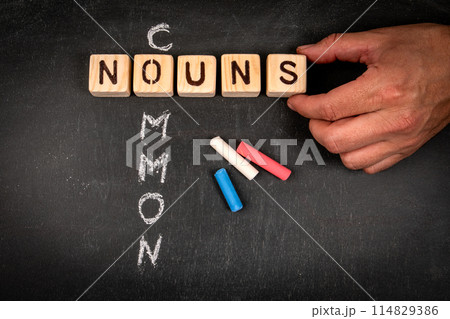COMMON NOUNS. Wooden block crossword puzzle and pieces of chalk on a chalkboard background COMMON NOUNS. Wooden block crossword puzzle and pieces of chalk on a chalkboard background 114829386
