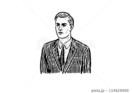 Vintage Gentleman Vector Portrait: Engraved Sketch of a Sad Businessman. 114829400