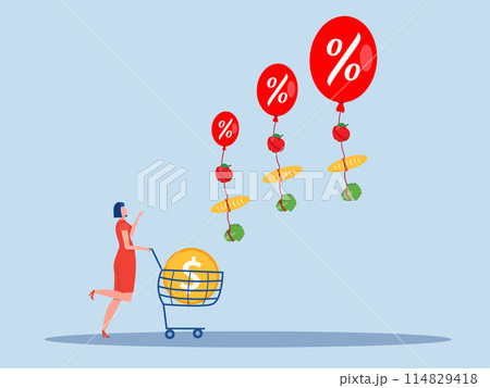 goods Inflation, women stress with Rising food price crisis,Prices of commodities and consumer goods rose due to rising inflation concept. vector illustration 114829418