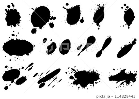 Vector set of ink splashes. Black inked splatter dirt stain splattered spray splash with drops blots isolated. Vector set of ink splashes. Black inked splatter dirt stain splattered spray splash with drops blots isolated. 114829443