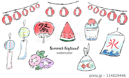 夏、夏祭りをイメージした、筆書きと水彩のシンプルな手描きイラスト