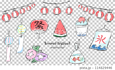 一組簡單的手繪畫筆和水彩插圖，靈感來自夏季和夏季節日。 114829446