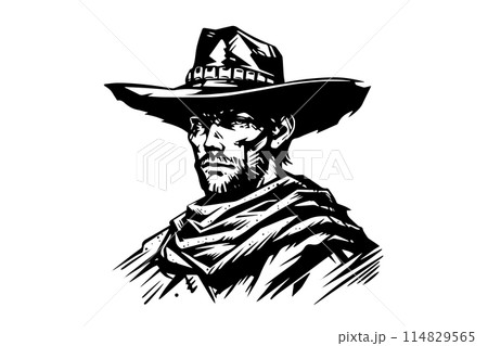 Cowboy sheriff bust or head on hat in engraving style. Hand drawn ink sketch. Vector illustration. 114829565