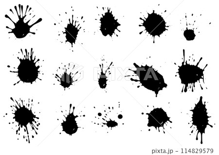 Vector set of ink splashes. Black inked splatter dirt stain splattered spray splash with drops blots isolated. 114829579