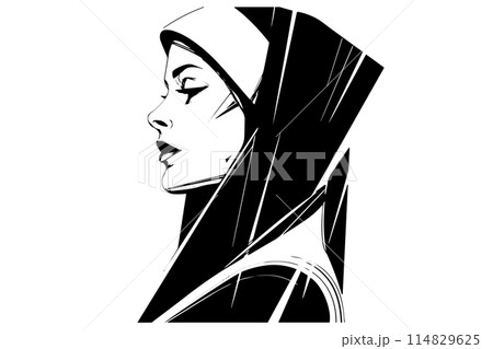 Nun woman sketch logotype in retro style. Vector engraved style illustration. Nun woman sketch logotype in retro style. Vector engraved style illustration. 114829625