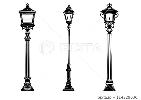 Lamppost hand drawn ink sketch. Engraved style vector illustration of street lantern. 114829630