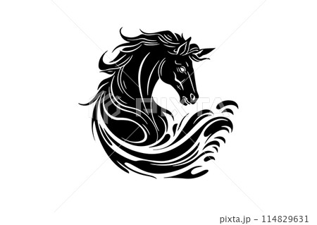 Black horse head logotype. Engraved style hand drawn ink sketch. 114829631