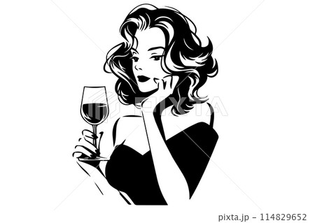 Sad girl with a glass of wine hand drawn ink sketch. Engraved style retro vector logotype. 114829652